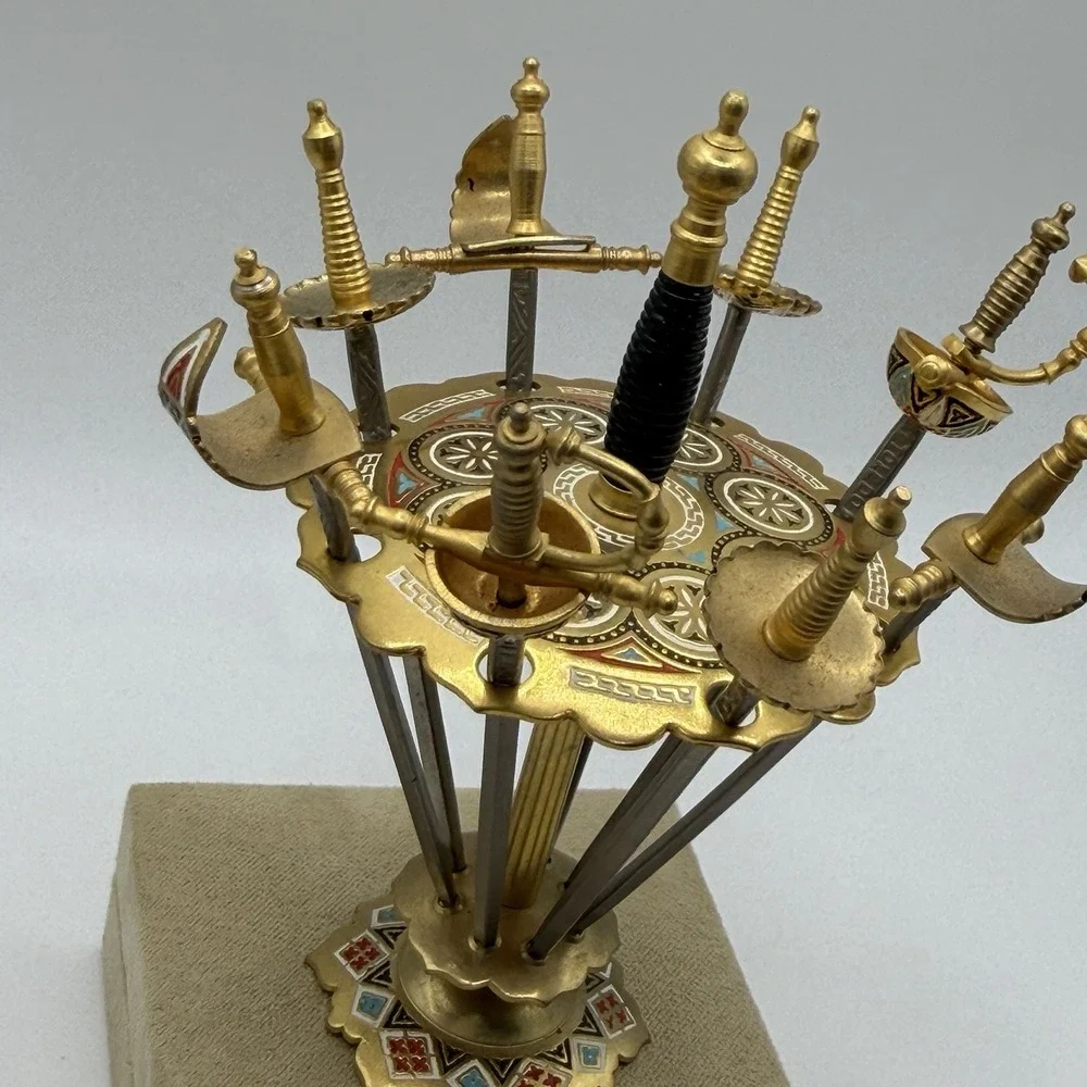 Vintage Toledo Sword Cocktail Toothpick Stand w/ 8 Swords Vintage Gold Spain